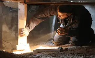 A professional inspecting wooden beams under the floor of a structure in Duluth, MN